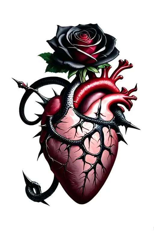 Realistic human heart ensnared by black rose with thorns, and pierced by dagger. Snake winding up from blade to handle tattoo design idea
