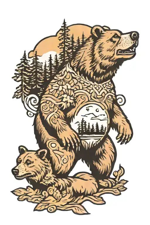 bear, dog and forest scene tattoo design idea
