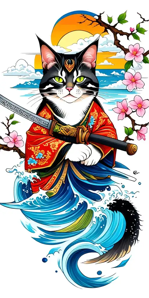 samurai cat with katana, water, wave, whirpool, clouds, branches, leaves, sakura flowers, tree, sunset, splash tattoo design idea