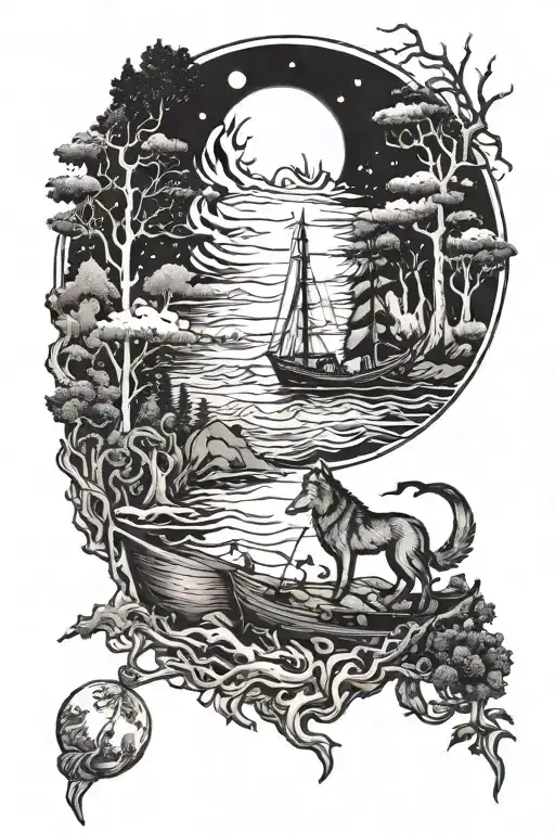 the tattoo on his forearm is black and white, A wolf howls at the moon, trees are around, a boat with Vikings is sailing tattoo design idea