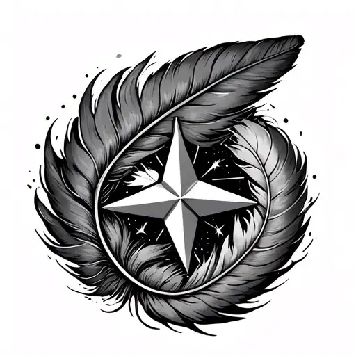 feather nautical star map surrounded tattoo design idea