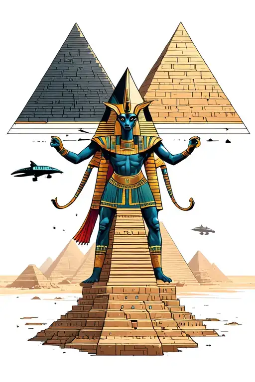 Egyptian pyramid being built by aliens. Egyptian gods are fighting back Anubis Horus  tattoo design idea