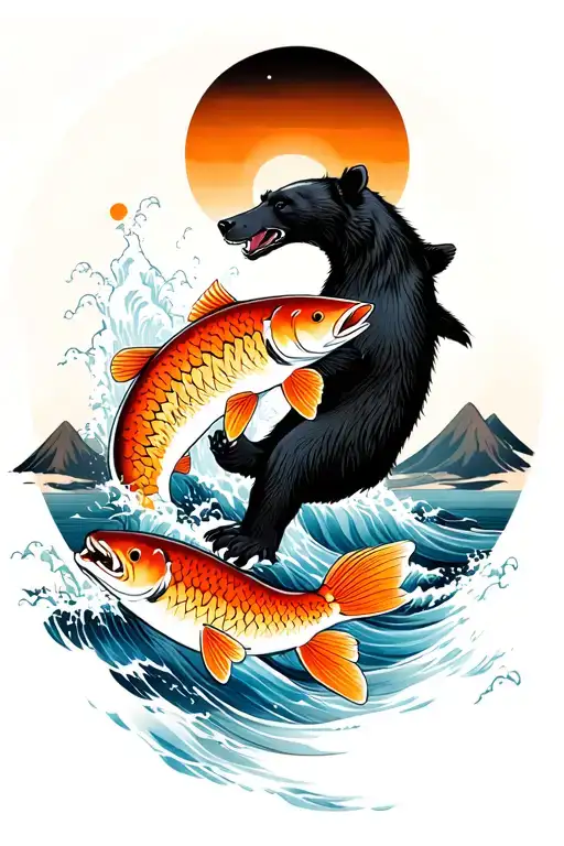 arm sleeve with salmon and black bear fighting with water and mountains in the background tattoo design idea