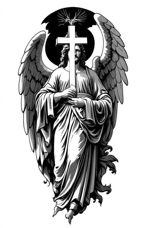 archangel, cross and bible scene tattoo tattoo design idea