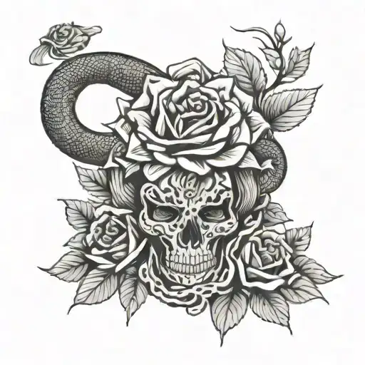 snake roses and face tattoo design idea