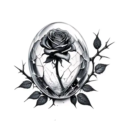 hyperrealistic, amber with shattered glass inside, black thorns with chrome details, dying roses, prism refraction, dark tattoo design idea