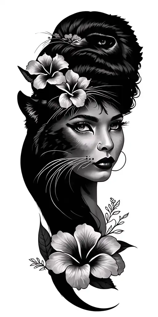 A tattoo of a chicano-style woman's face with hibiscus flowers and a panther half-face in a black-grey style tattoo design idea