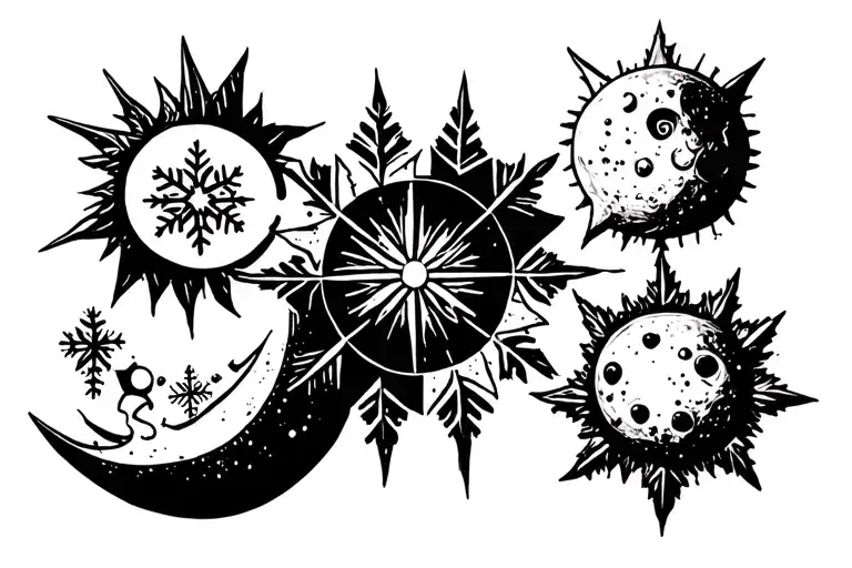 star leaks a snowflake, a sun, a moon and a co tattoo design idea