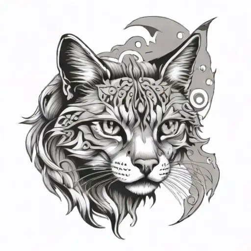 A mystical tattoo of a cat with wolf-like features, representing the client's favorite animals in a unique and captivating way, with a black-grey color palette for a sleek finish tattoo design idea