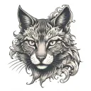 A mystical tattoo of a cat with wolf-like features, representing the client's favorite animals in a unique and captivating way, with a black-grey color palette for a sleek finish tattoo design idea