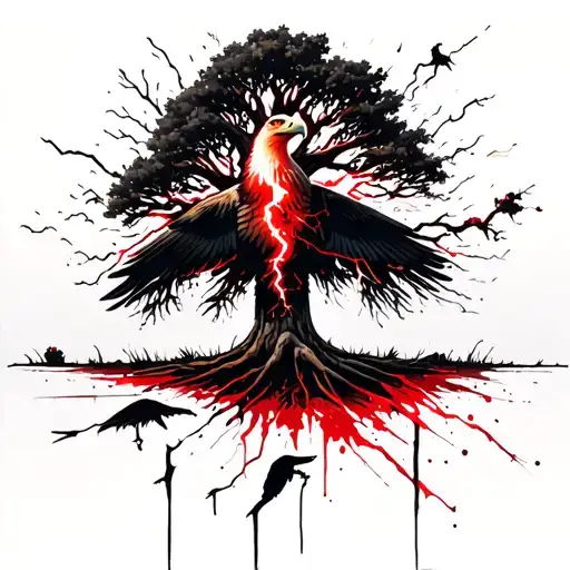 An oak tree that look old & sacred being struck by a single lightning but not disturbing the eagle who is perched on it tattoo design idea