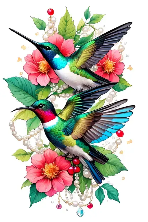 hummingbirds and flowers with strands of pearls and jewels and berries tattoo design idea