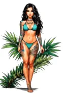 Sexy girl, petite, small boobs, wide hips, bikini . long hair,sexual. Seductive. Full Body, standing with legs and feet tattoo design idea