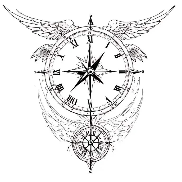 compass clock moon wing tattoo design idea