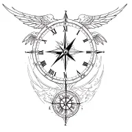 compass clock moon wing tattoo design idea