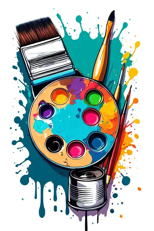 paintbrush palette and splatter + spray cans tattoo design idea