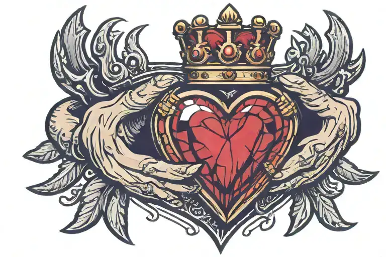 Claddagh ring with the hands holding a red gemstone heart wearing a cool crown tattoo design idea