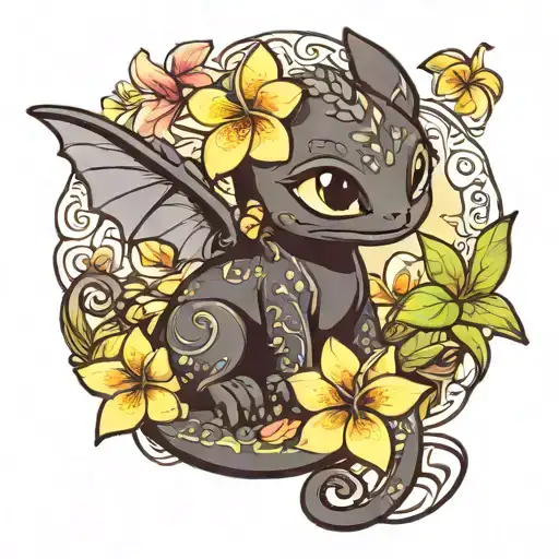 cute toothless night fury curled with plumeria flowers tattoo design idea
