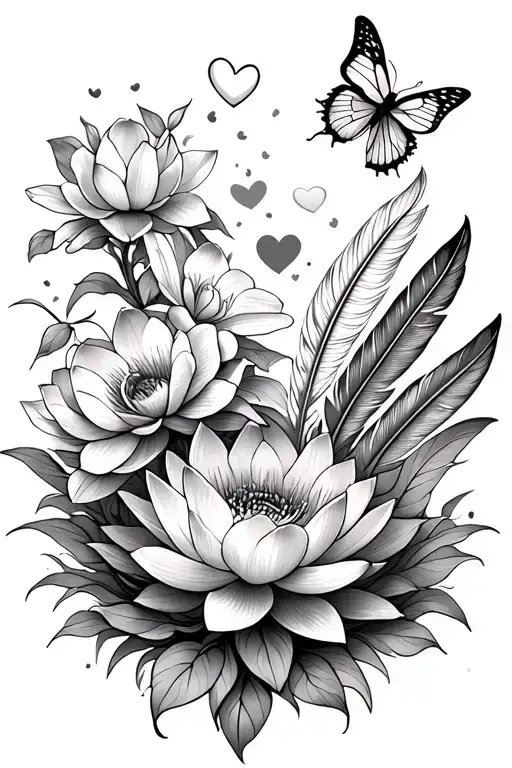 small lotus flower, orchids, two love hearts, two butterflies, feathers, more background flowers fine line tattoo design idea