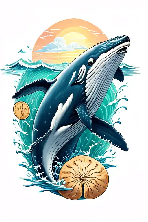 humpback whale with sand dollars and water waves tattoo design idea