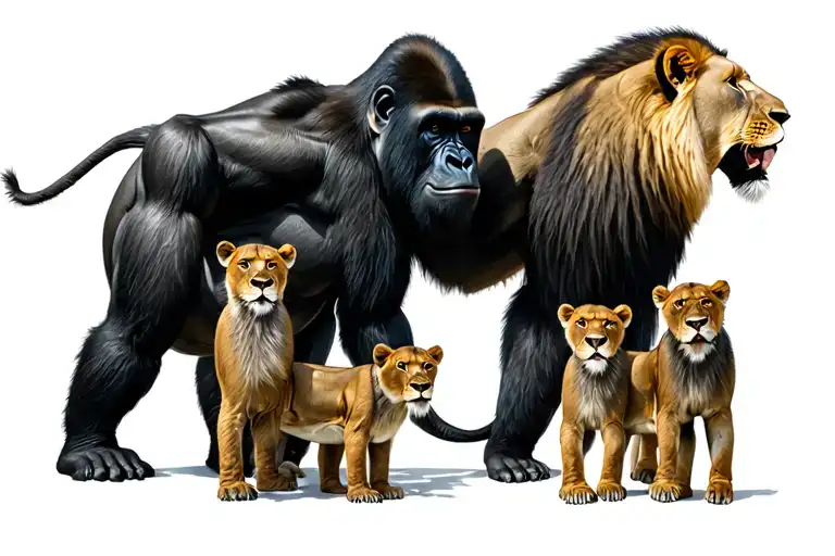 gorilla protecting family from lions facing each other tattoo design idea