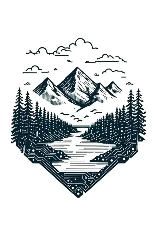 microchip circuit infused with forest with river flowing and  mountain in background  tattoo design idea