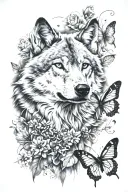 wolf and butterfly  tattoo design idea