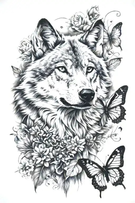 wolf and butterfly  tattoo design idea