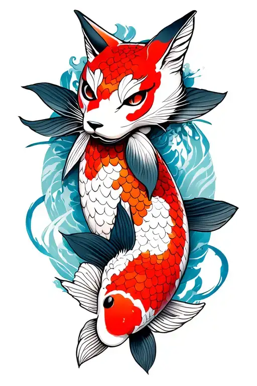 koi with kitsune mask tattoo design idea