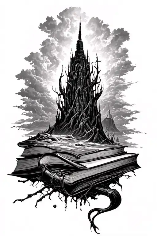 legsleeve based on the dark tower books by stephen king in black and white.must contain 1 important scene of every book tattoo design idea