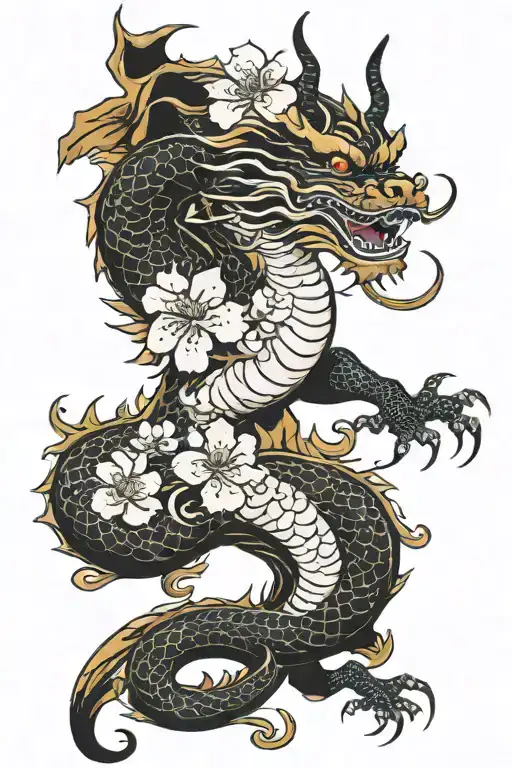 dragon and cherry blossoms tattoo design idea