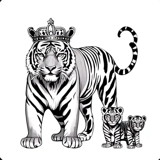 tigress with a crown and her two male tiger cubs tattoo design idea