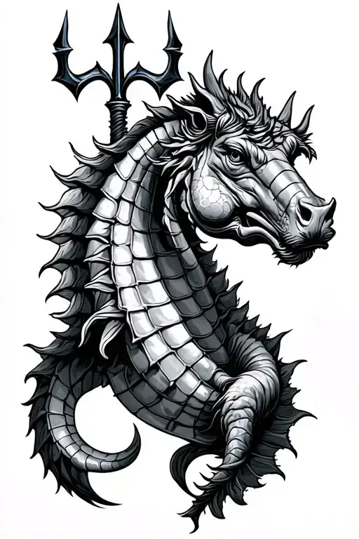 Hippocampus hanging on the Poseidon trident tattoo design idea