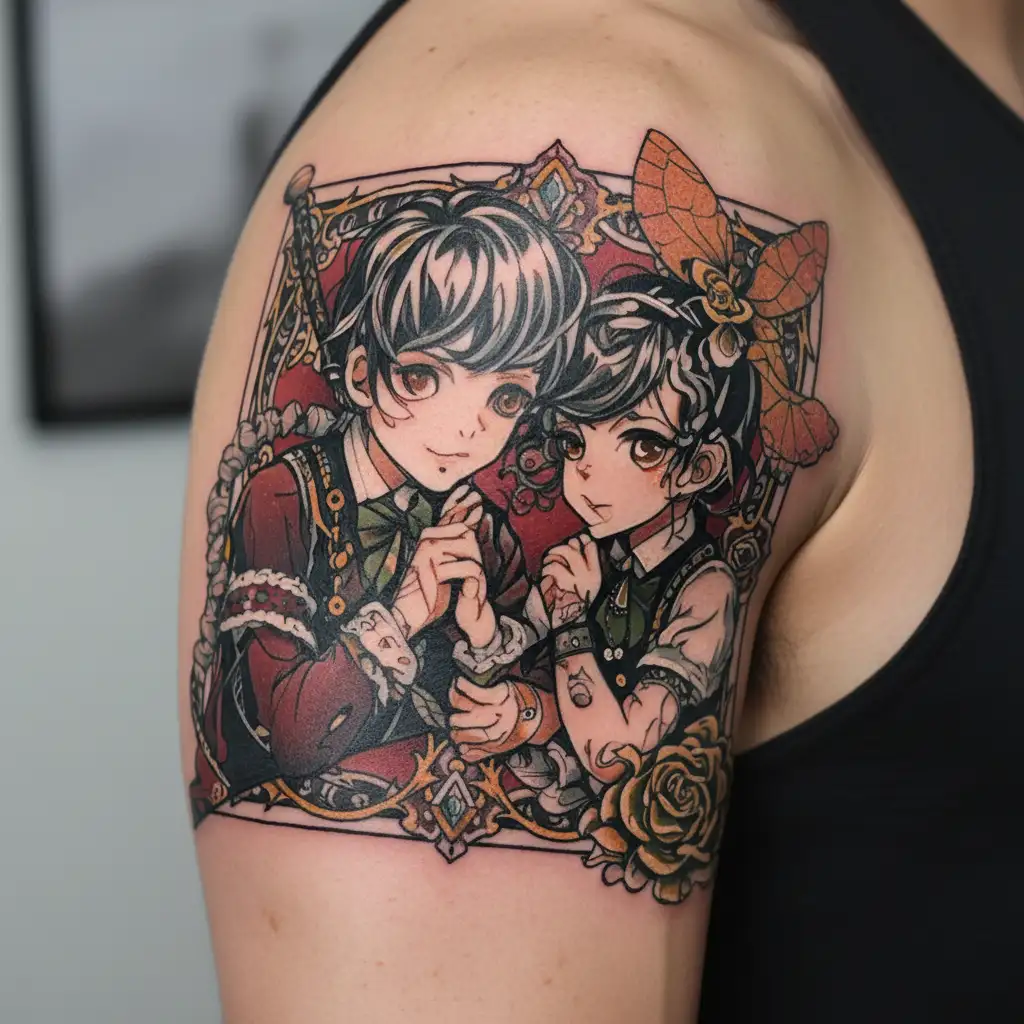 two boys in lolita fashion and bondage tattoo design idea