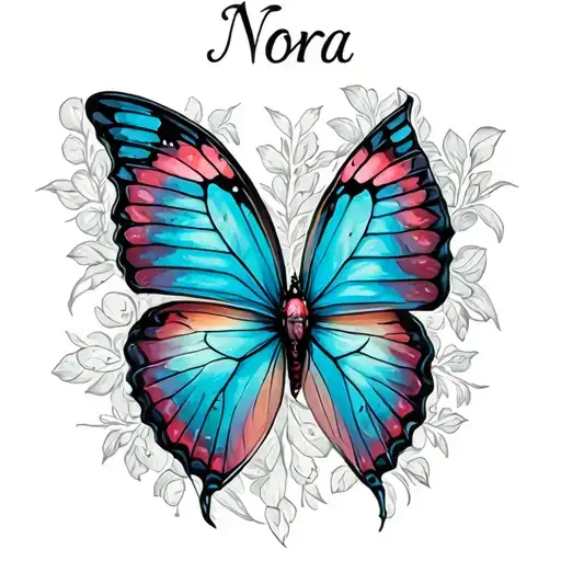 slightly scary sharp butterfly with name on top of the butterfly named Nora and incets around the butterfly  tattoo design idea
