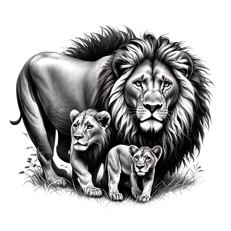 male lion with female lion and cub walking in a dense forest  tattoo design idea