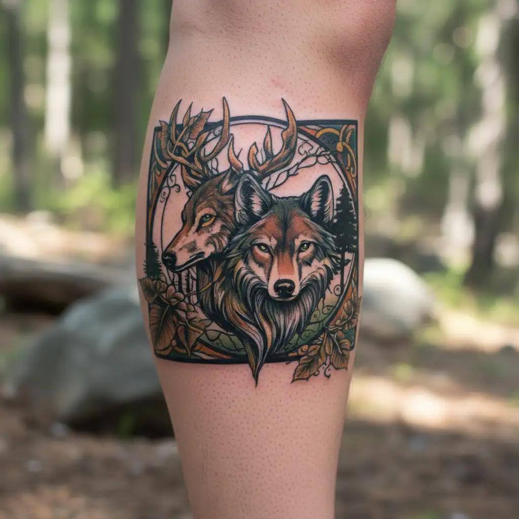 wolf and deer head with trees tattoo design idea