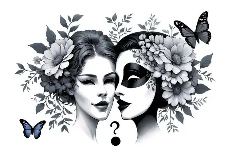 both comedy and tragedy masks female like with flowers butterflies and a semicolon  tattoo design idea