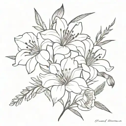 bouquet of lilys, poppies and heather flower bouquet tattoo design idea