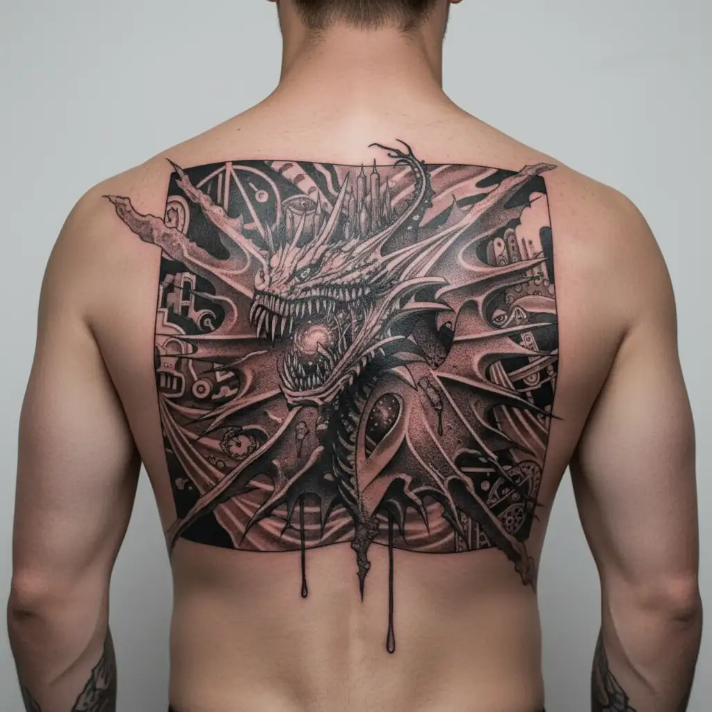 ripped-skin evil dragon monster tattoo design idea