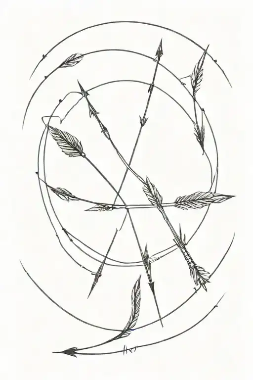A single arrow that starts from outside a circle without crossing it in a sketch style. TThe arrow has no feathers .  tattoo design idea
