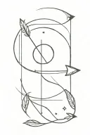 A single arrow that starts from outside a circle without crossing it in a sketch style. TThe arrow has no feathers .  tattoo design idea