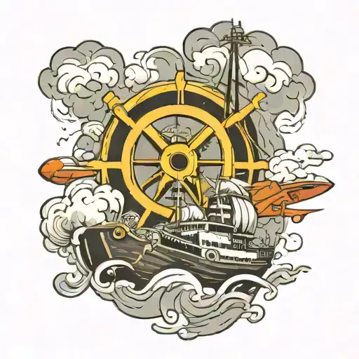 timepiece, aircraft and ship sailing through stormy tattoo design idea