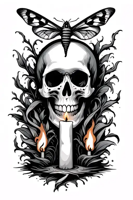 skull and candle burning with moth tattoo design idea