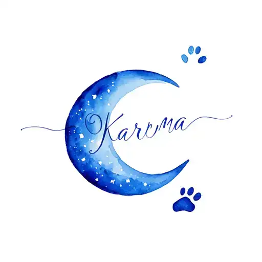 A blue crescent moon with Karma in elegant script and a small paw print next to it  tattoo design idea
