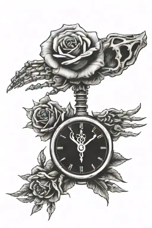 skeleton fingers with half rose half clock tattoo design idea