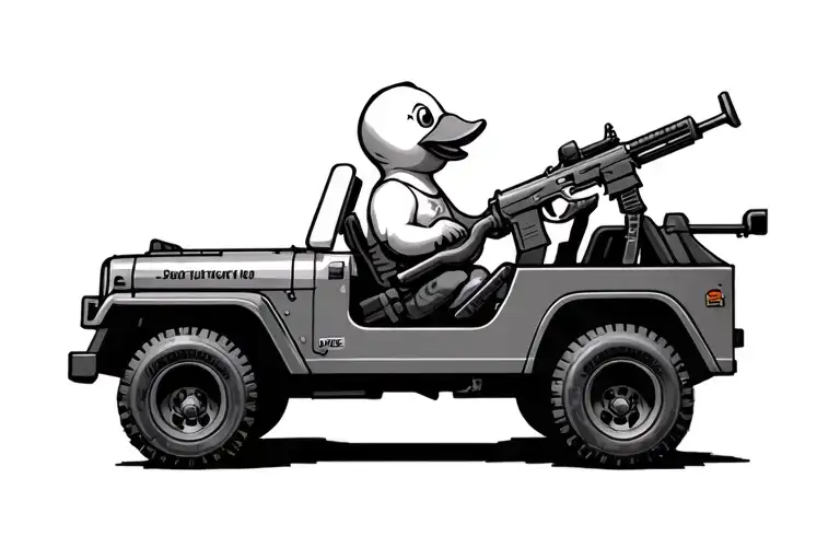 rubber duck driving a jeep with an assault rifle tattoo design idea