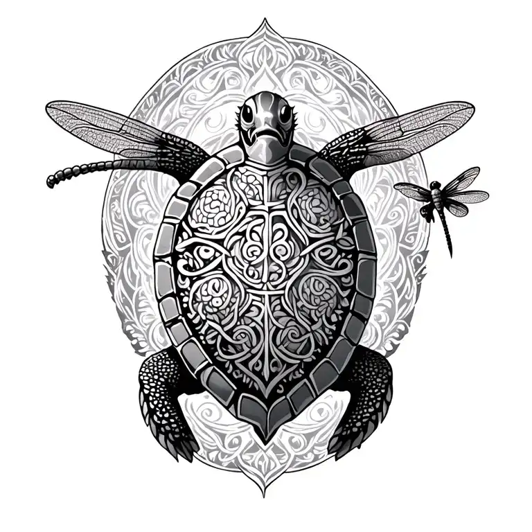 feminine celtic and viking mix, sea turtle, dragon fly, protection, health and luck ruin.  tattoo design idea
