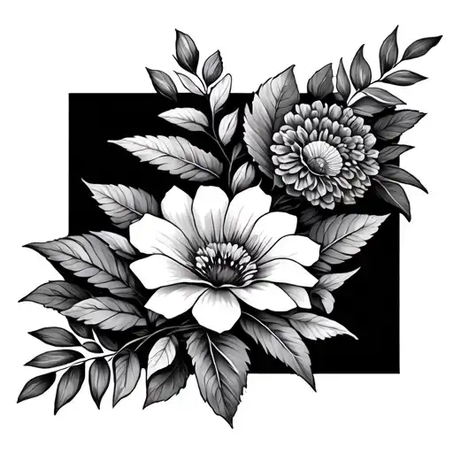bush of leaves, vegetation and various flowers tattoo design idea