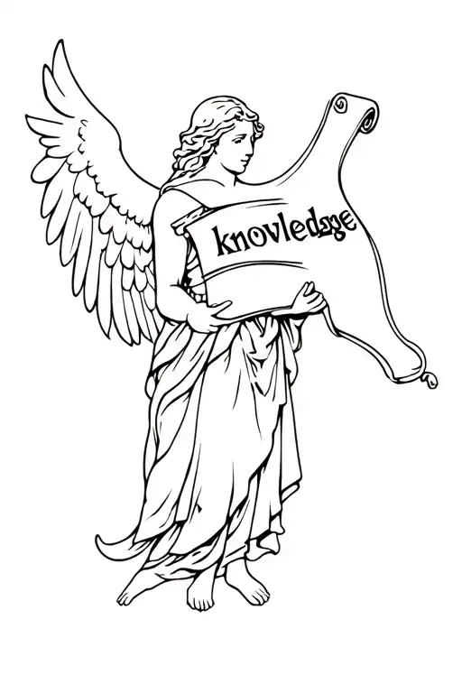 An angelic figure holding a scroll with the word 'knowledge' in a blackwork style tattoo design idea